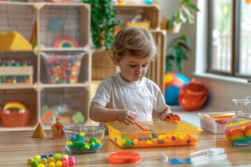 Fototapeta premium Young child engaging with colorful sensory materials in a Montessori playroom. Early learning and exploration concept for children. Generative AI