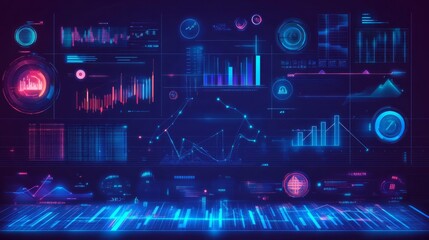 Obraz premium Blue gradient background with data science and technology elements, charts, graphs, code lines