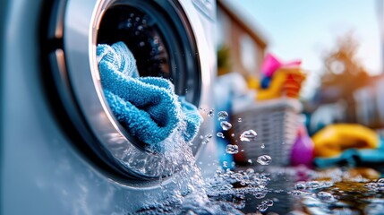 A colorful towel being washed in a modern washing machine, illustrating the daily chore of laundry while emphasizing cleanliness and domestic responsibility.