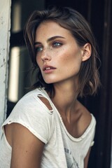 Fototapeta premium Trendy Young Woman with Freckles Posing Outdoors in Natural Light