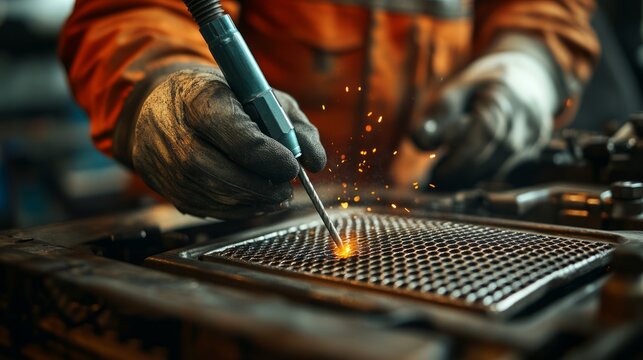 A worker welding a metal grid, sparks flying, showcasing industrial craftsmanship.