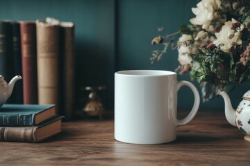 A mockup photograph of a white mug with a teak wooden table