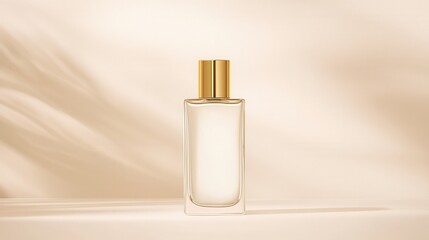 Naklejka premium Elegant Glass Bottle of Fragrance with Golden Cap Set Against a Soft Beige Background Ideal for Product Announcements and Beauty Advertisements