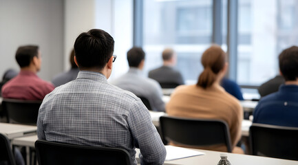 Obraz premium A group of attendees participates in a professional seminar, seated with their attention focused forward in a modern classroom setting.