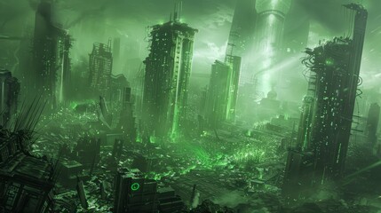 Obraz premium City in ruins and green smoke fog after an apocalypse or an alien invasion 