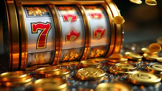Jackpot machine: visual representation of a winning 777 slot machine, illuminated bright lights, vibrant colors, symbolizing excitement and fortune in the world of gambling, attracting eager players.
