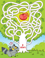 Help the Raccoon go through trees maze and get an apple. Children logic game to pass the maze. Educational game for kids. Choose right path. Funny cartoon character. Worksheet page