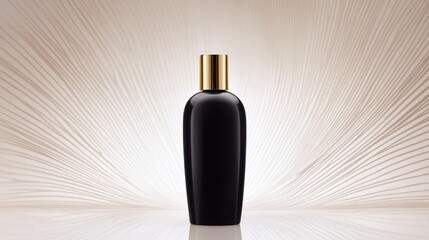Naklejka premium Elegant and Minimalistic Black Bottle of Perfume with Gold Cap on a Soft Abstract Background Featuring Subtle Radiating Lines