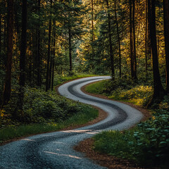 Fototapeta premium A road meanders through lush greenery, flanked by towering trees and a carpet of soft green grass on the ground. A gravel or asphalt path creates a serene environment of natural beauty 
