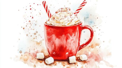 Set of Hot cocoa chocolate with Candy cane,glass of milk,christmas elements,watercolor clipart,sweet holiday card,Christmas menu,morning,season greeting,xmas and New Year.