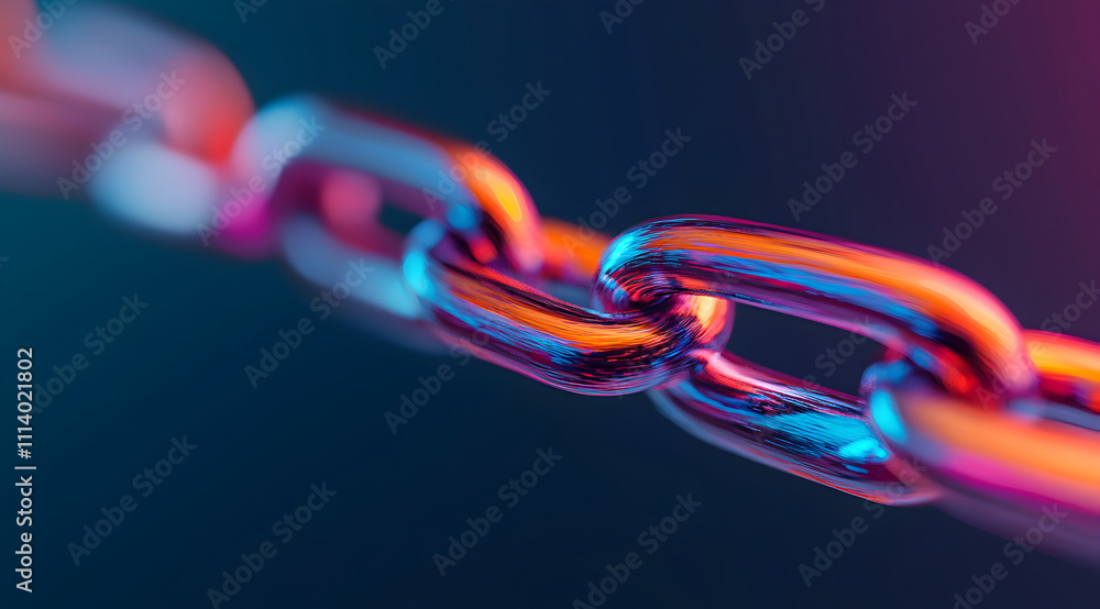 Poster a close-up of a colorful metallic chain link, highlighting its shiny surface and intricate details a