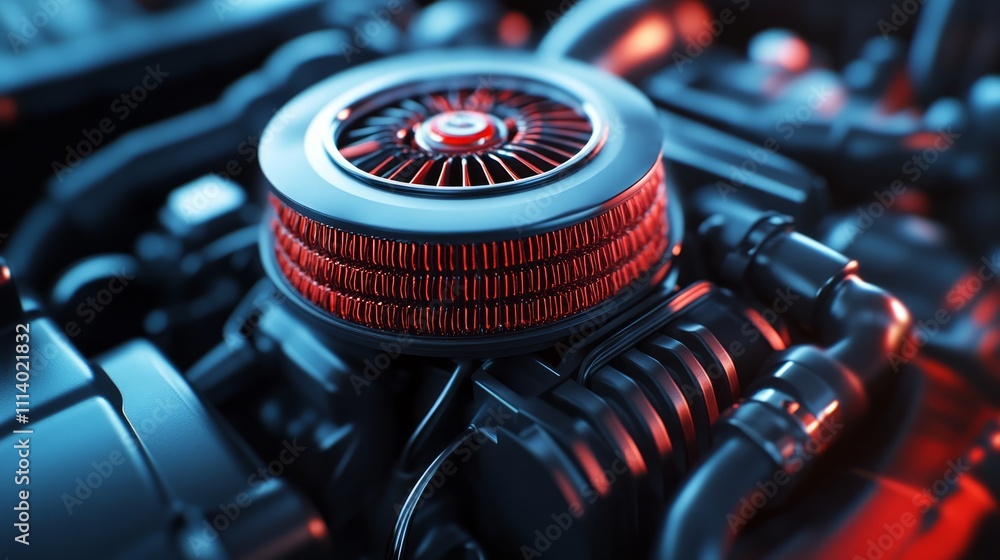 Poster close-up of a car engine component showcasing a high-performance air filter.
