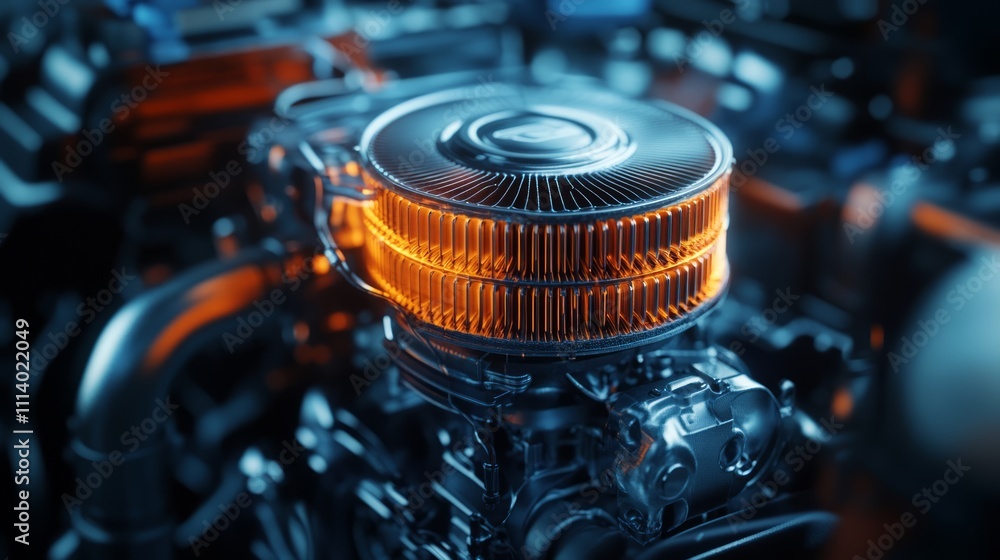 Poster close-up of a detailed engine component showcasing advanced technology and design aesthetics.