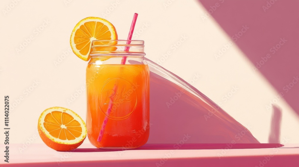 Poster Refreshing Citrus Drink in Jar with Orange Slices and Straw