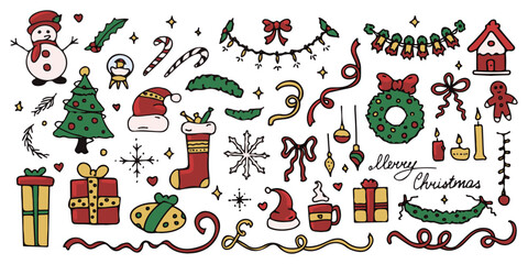Naklejka premium Christmas and New Year line art colored doodle set, celebration drawings and symbols, ink sketches. Vector illustration.