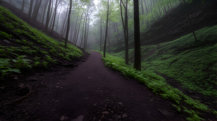 Fototapeta premium Serene forest trail winding through misty woods, lush greenery, and earthy tones. A tranquil and mysterious scene perfect for nature lovers.