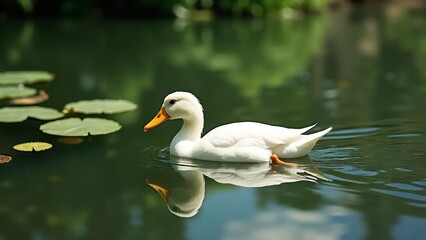 Fototapeta premium Graceful Duck Swimming in a Tranquil Pond with Lily Pads
