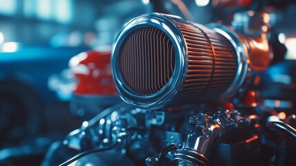 Fototapeta premium Close-up of a polished car engine component showcasing a high-performance air filter.