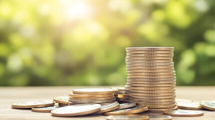 Stack of Gold Coins Shining Brightly Against Nature Background. Generator AI