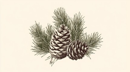 Hand-drawn botanical illustration featuring a pine cone and fir tree set. Intricate engraving depicts isolated Christmas pinecones. Perfect for creating holiday cards, backdrops,