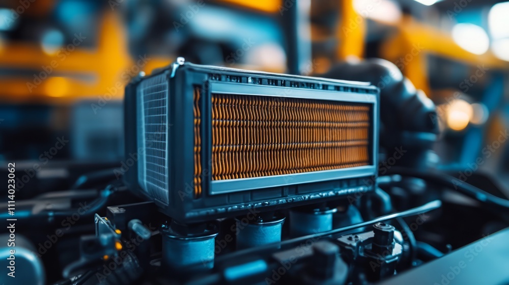Aufkleber close-up of an engine air filter, highlighting its structure and function in vehicle maintenance.