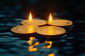 Golden Cryptocurrency Coins Afloat on Water with Flames