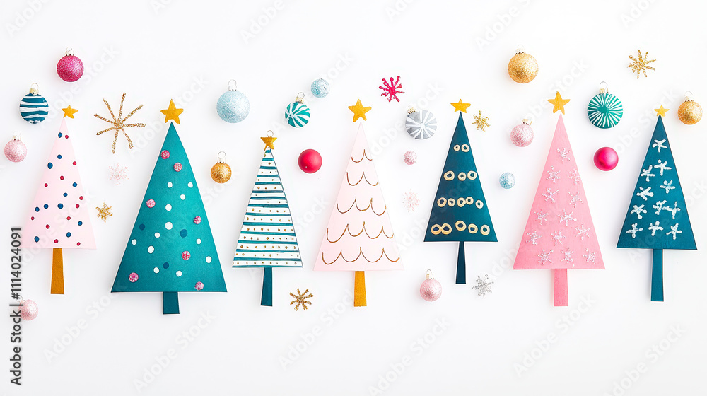 Poster a vibrant arrangement of various paper christmas trees in different colors and designs alongside dec