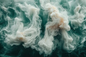 Obraz premium Abstract Swirling White and Teal Ink in Water, Ethereal Cloud-like Formation