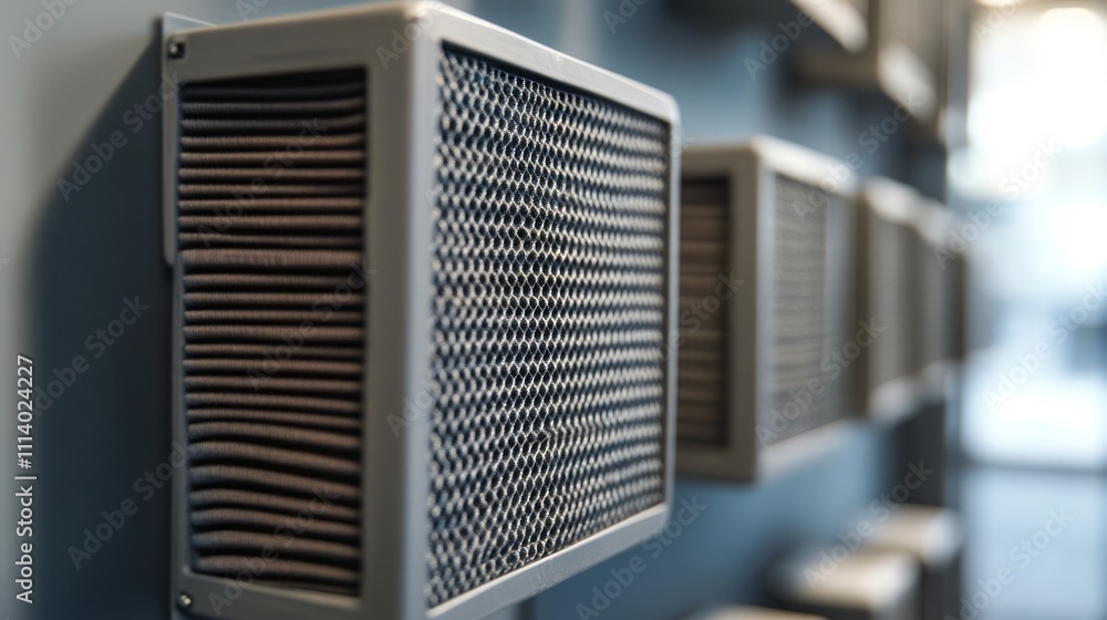 Aufkleber close-up of modern air filters mounted on a wall, emphasizing design and functionality.