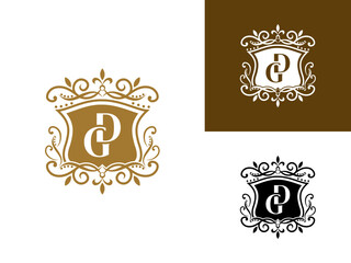 Obraz premium Beautiful luxury letter GD or DG in shield and Abstract Plant. Initial Identity Letter in Gold color Logo vector template