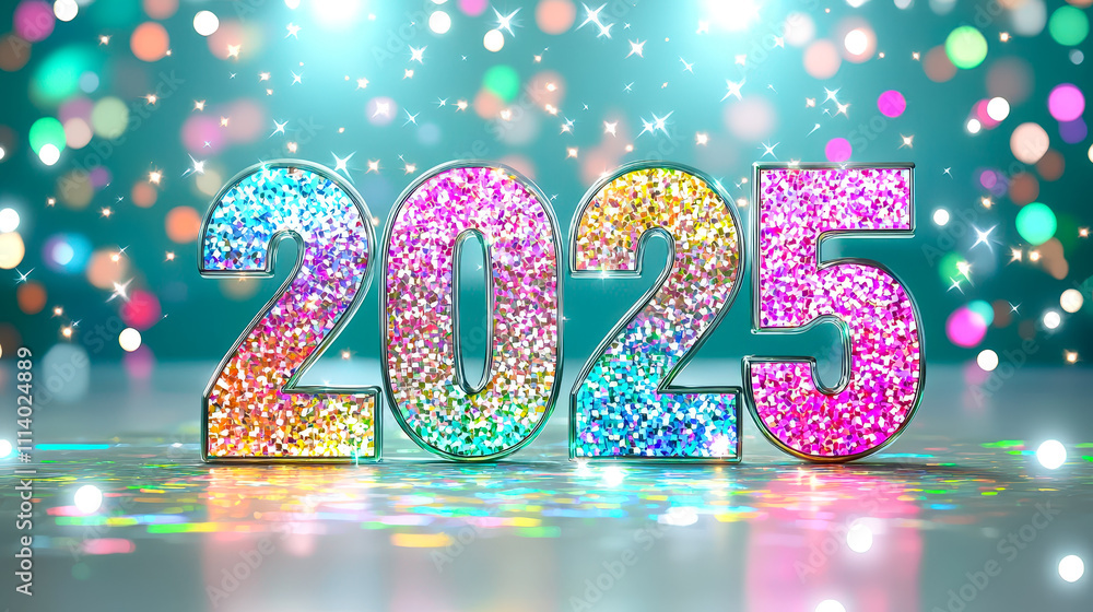Poster A vibrant display of the year 2025 in sparkling colors set against a backdrop of soft bokeh lights, creating a festive atmosphere