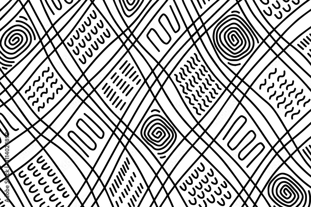 Poster abstract line art background pattern design. irregular hand drawn linear backdrop with black thin co
