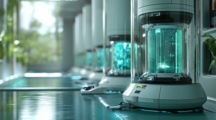 Futuristic laboratory with transparent containers holding glowing substances and plants.