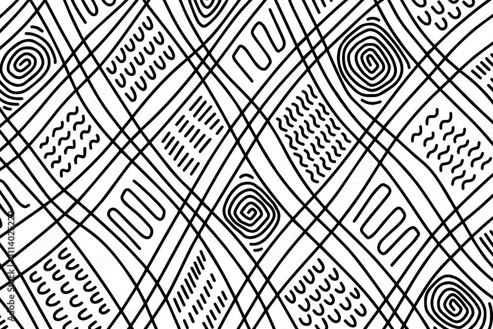 Poster abstract line art background pattern design. irregular hand drawn linear backdrop with black thin co