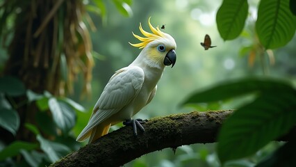 Cockatoo Perched on Mossy Branch in Tropical Jungle