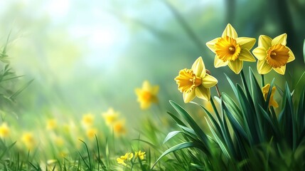Fototapeta premium Vibrant yellow daffodils bloom in a lush green field, bathed in sunlight. Perfect for spring themes, nature, or Easter designs.
