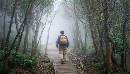 Fototapeta premium person venturing into a foggy forest or down a misty path