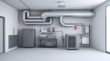 Industrial room with ventilation system, equipment, and storage for operational purposes.
