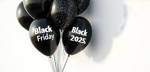 A set of "Black Friday 2025" balloons, their black design isolated on a clean white background to celebrate the shopping season's biggest deals.