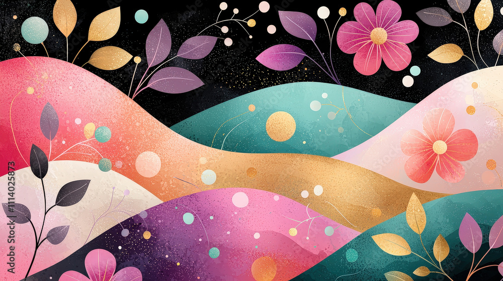 Leinwandbilder this vibrant artwork showcases flowing waves of color with floral elements and organic shapes, creat
