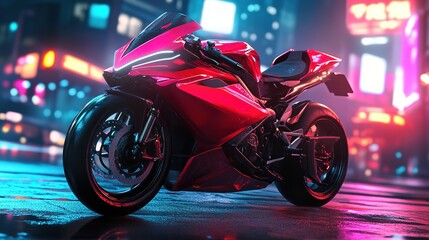 Background Featuring a Racing Motorcycle, Showcasing Technological Innovations and 5G Applications, Enhanced by Cyberpunk Aesthetics with Neon Lights, Clean Background, High-Quality Details, and Minim