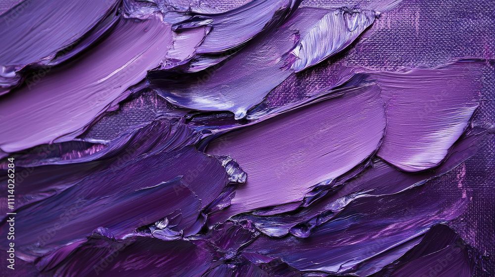 Poster thick brush strokes of purple oil paint create an abstract texture on canvas, showcasing vibrant hue