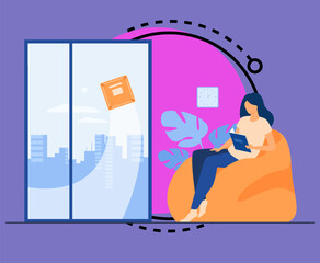Woman relaxing at home while robot washing window. Female character sitting in armchair while machine cleaning room. Flat vector illustration for robotic cleaner, smart home, automation concept