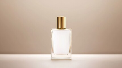 Elegant glass perfume bottle with gold cap displayed on a minimalist background, showcasing luxury and sophistication in fragrance design and aesthetic appeal