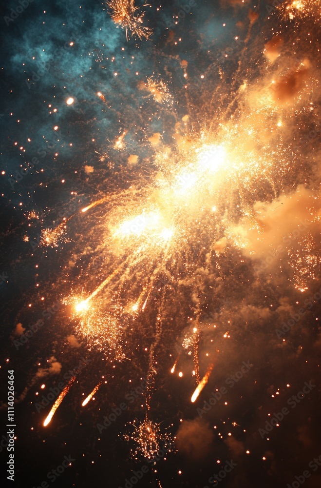 Poster a breathtaking spectacle of vibrant fireworks exploding in the night sky, creating a mesmerizing dis