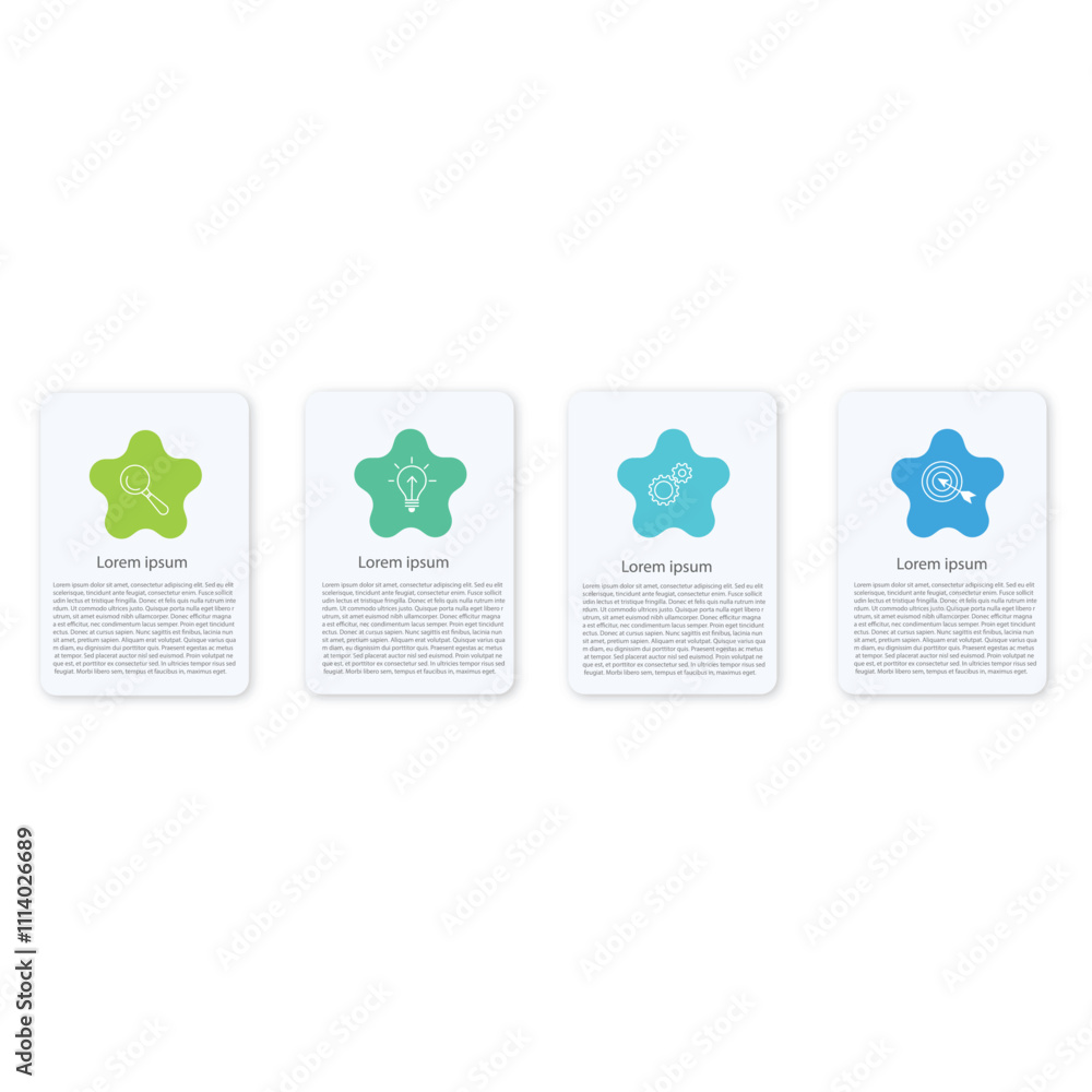Wall mural four square paper white elements with colorful circles placed in horizontal row. concept of 4 succes