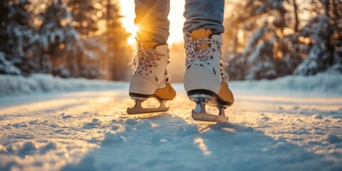 Ice Skates on Snowy Ice Rink at Sunset