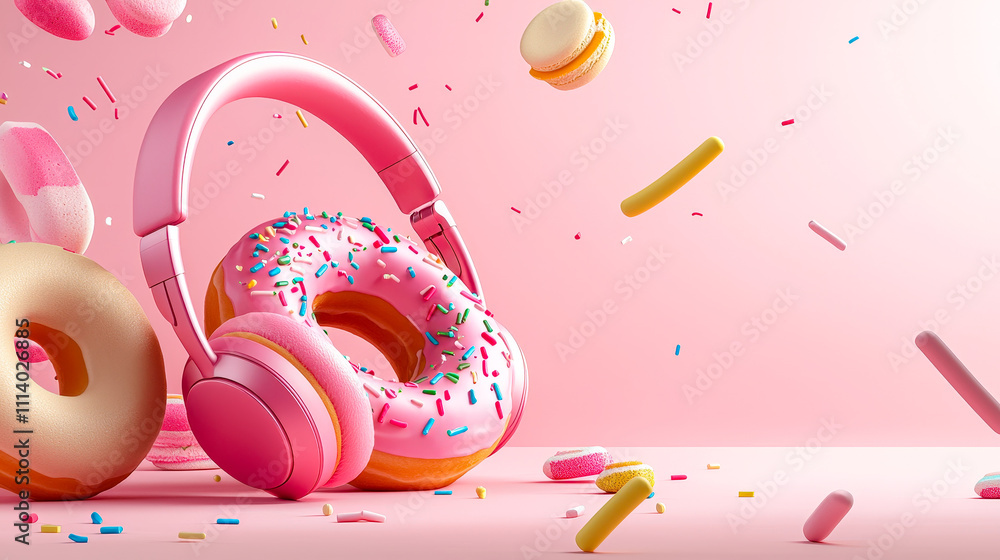 Poster pink donuts and headphones are surrounded by colorful sprinkles and candy, creating a fun and energe