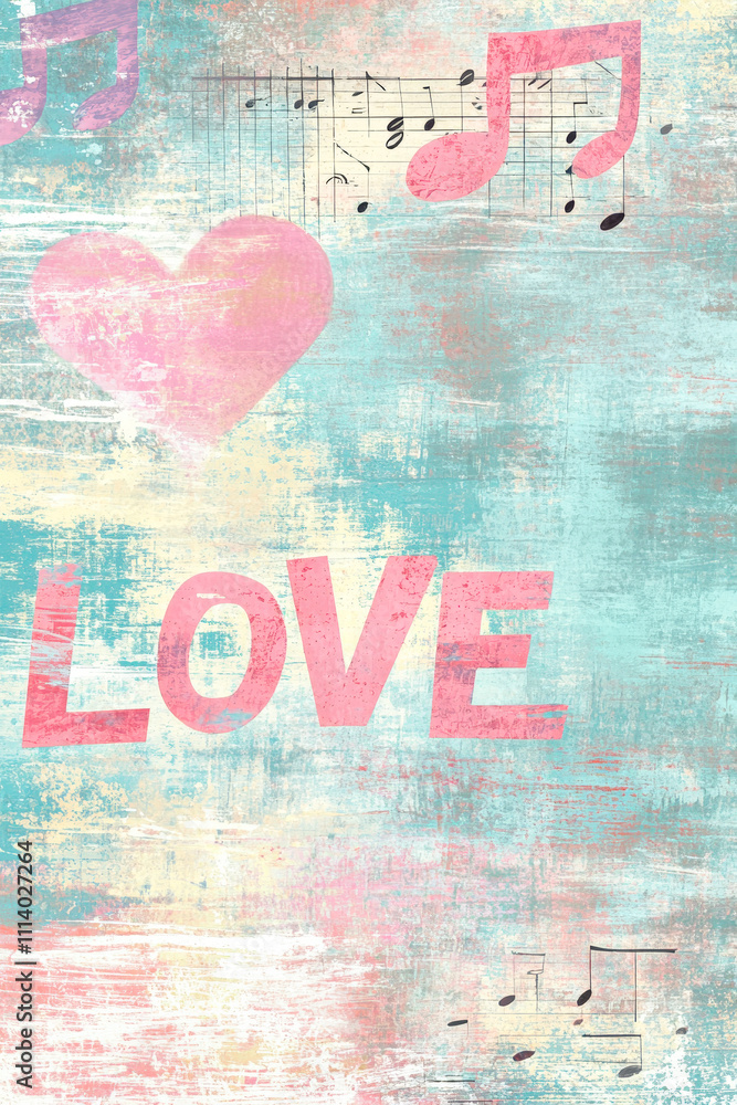 Poster bright and vibrant colors create a joyful backdrop with musical notes and the word love prominently 