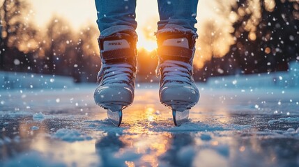 Ice Skates on Snowy Ice Rink at Sunset